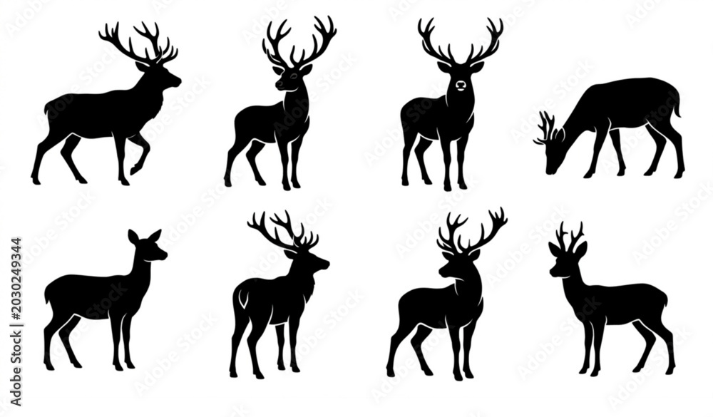 Fototapeta premium Collection of eight black deer silhouettes in different standing poses wildlife vector set