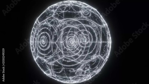 Abstract glowing sphere with intricate circular geometric patterns and light effects on a dark background, representing cosmic or technological concepts