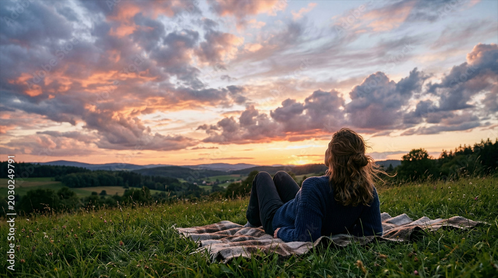 Fototapeta premium Woman Sitting in Meadow Watching Dramatic Sunset Sky