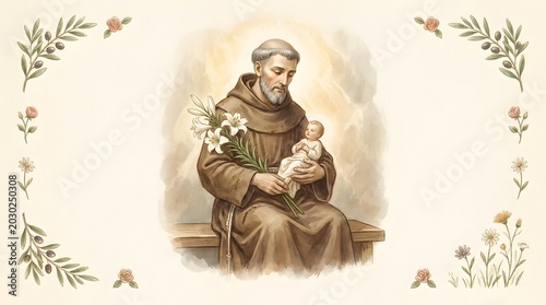 Santo Antônio or Saint Anthony of Padua, Gentle Franciscan Saint with White Lilies and Symbolic Child Figure