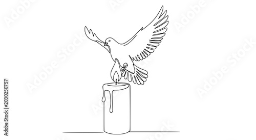 Tableau sur toile Dove flying from lit candle, continuous line drawing, symbol of peace, hope, and