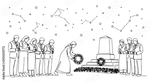 Photos People Laying Wreath at Monument Under Constellations