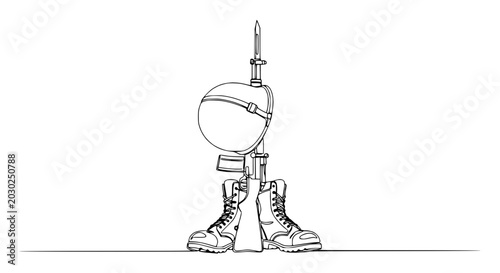 Quadro em tela Soldier's Memorial: Helmet, Rifle, Boots Art - Continuous Line Drawing