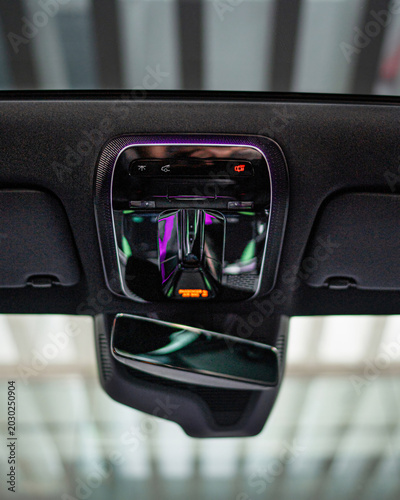 Futuristic Car Interior Overhead Console View.