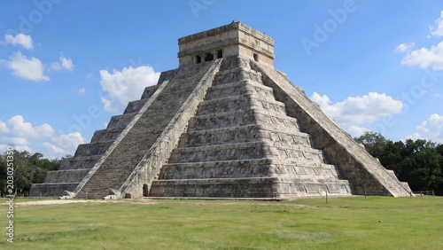 Photos El Castillo pyramid in Chichen Itza, Mexico under a blue sky