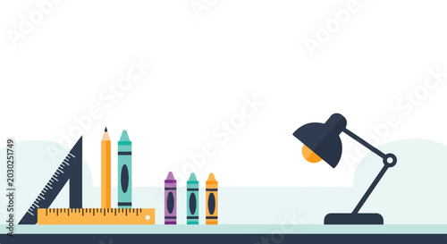 Tableau sur toile An organized workspace vector showing a desk lamp, rulers, a pencil, and several colorful crayons arranged neatly on a light horizontal surface