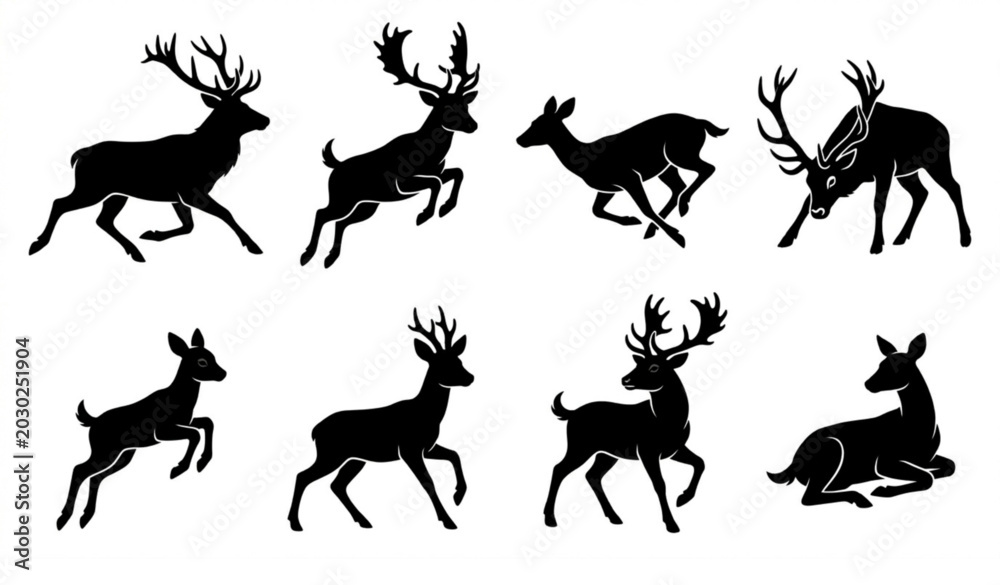Obraz premium Eight black deer silhouettes in dynamic walking and running poses vector illustration set