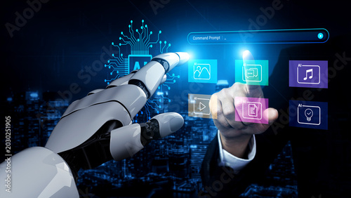 Tableau sur toile A robotic arm and human hand interact with a digital interface, showcasing the blend of technology and human ingenuity in the age of artificial intelligence and innovation