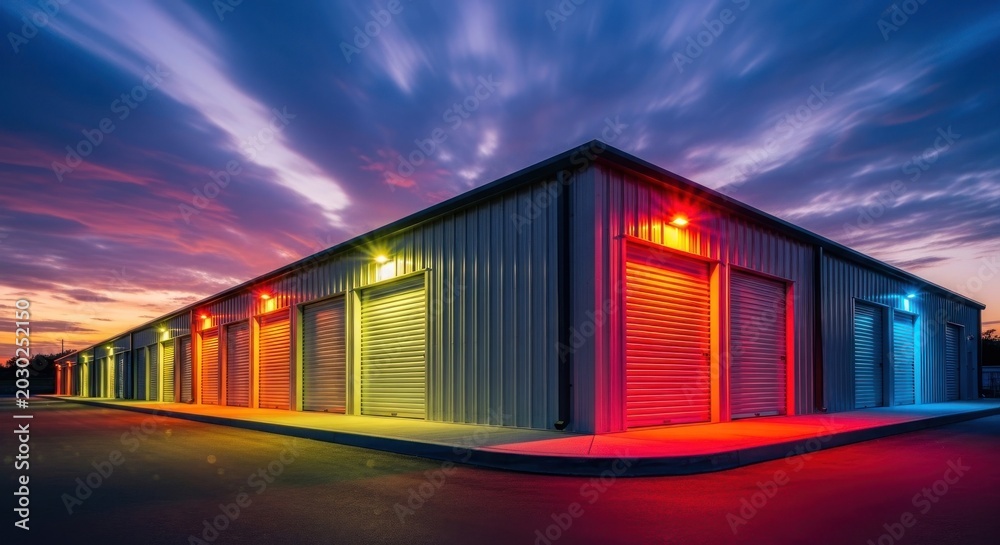 Fototapeta premium Colorful storage facility at dusk exterior.