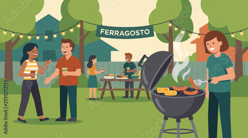 This flat design illustration captures a lively Ferragosto backyard BBQ, featuring a stylized grill, delicious food, and cheerful people enjoying a summer gathering. 