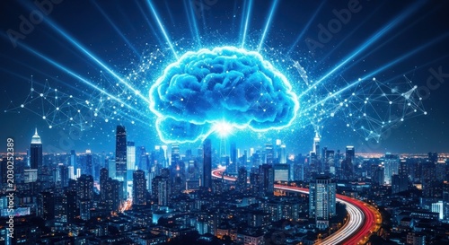 Brain Cityscape with Glowing Blue Lights.