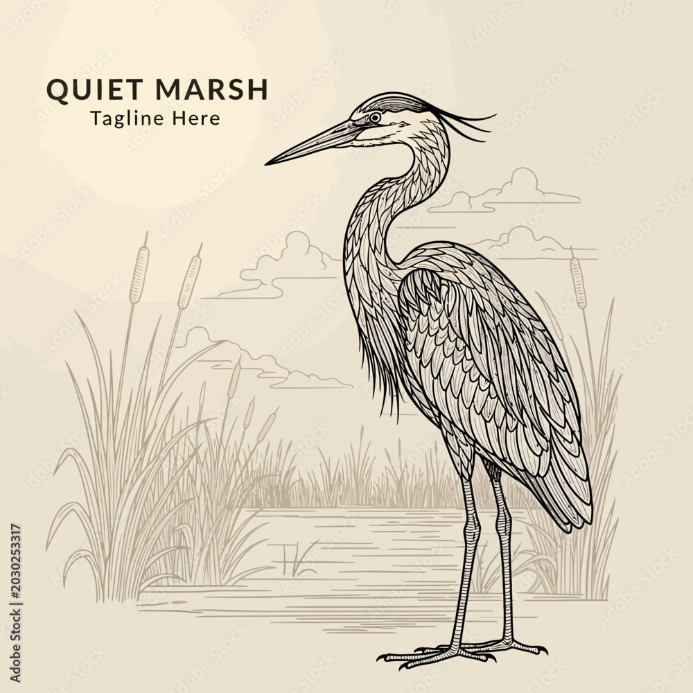 Fototapeta premium Detailed Hand-Drawn Illustration of a Great Blue Heron Standing Gracefully.