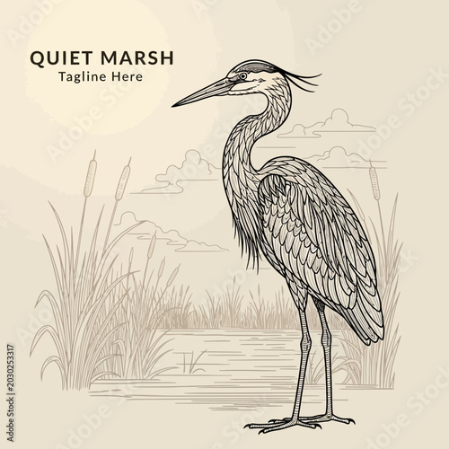 Detailed Hand-Drawn Illustration of a Great Blue Heron Standing Gracefully.