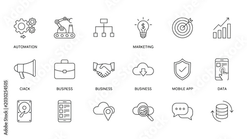 Billede på lærred Professional automation and business linear icon set for mobile application deve