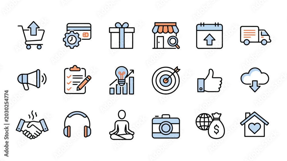 Fototapeta premium Set of modern colorful business and e-commerce line icons including shopping cart delivery truck and analytics tools for professional web design and digital marketing projects