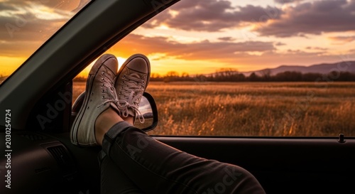 relaxed driver enjoying scenic sunset drive.