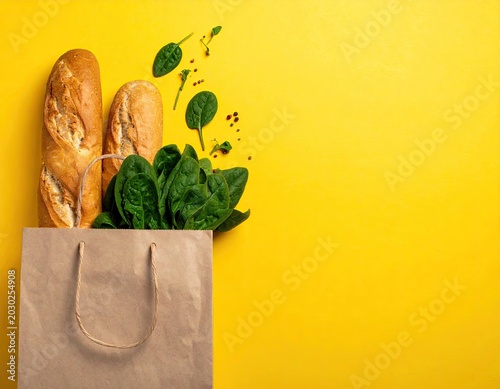 A brown bag overflowing with groceries on yellow