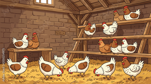 Schilderij op canvas Chickens and Hens Inside Rustic Wooden Coop with Hay Floor and Roosting Perches