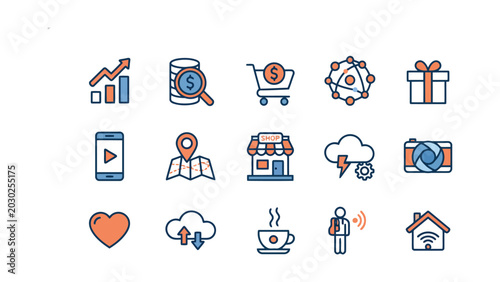 Fotografi Modern two-tone business and technology icons featuring data growth and shopping