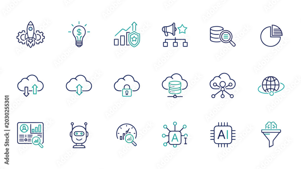 Fototapeta premium Modern duo-tone technology icons for artificial intelligence data analysis and e-commerce business solutions