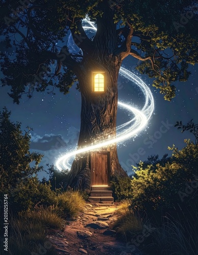 Magical treehouse glowing at night, path leading up