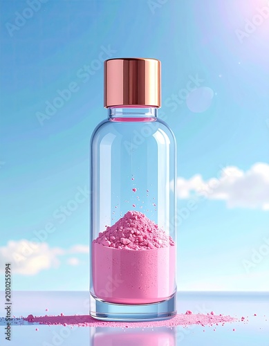 Clear bottle, pink powder, copper lid, blue sky
