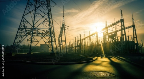 Electric power transmission towers at sunset.