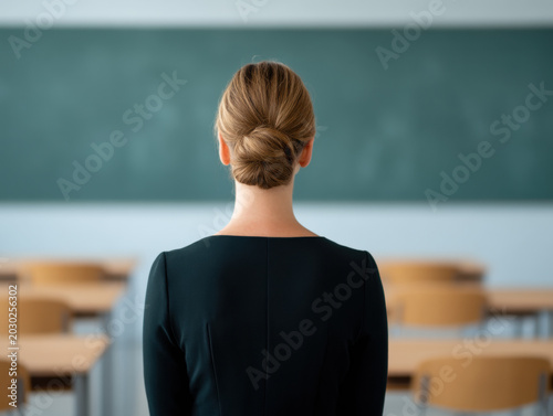Teacher classroom chalkboard education school woman us labor day theme with teacher classroom facing chalkboard calm mood for education and back