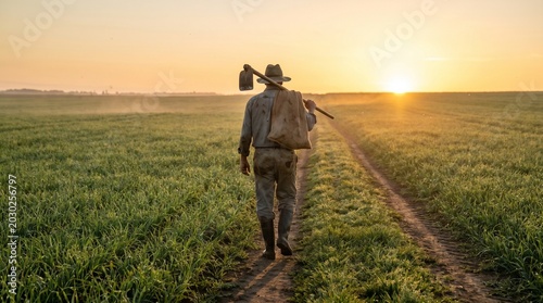 Farmer walking through green field at sunrise with a hoe and bag