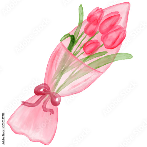 watercolor tulip flower bouquet illustration wrapped in pink paper with a ribbon bow 