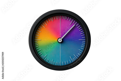 Colorful clock face with rainbow gradient and white hands on black background time, Isolated On White, Png Transparent, Cut Out