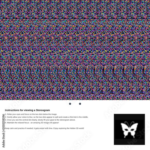 Obraz na płótnie Colorful dotted autostereogram with instructions and depth map revealing a hidde