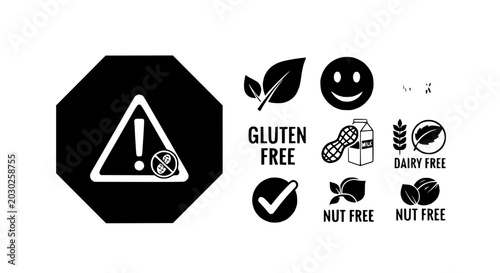 Gluten Free, Dairy Free, Nut Free Icons & Warning Sign