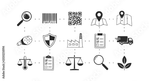 Food Safety Icons: Quality Control, Traceability, Logistics, and Compliance