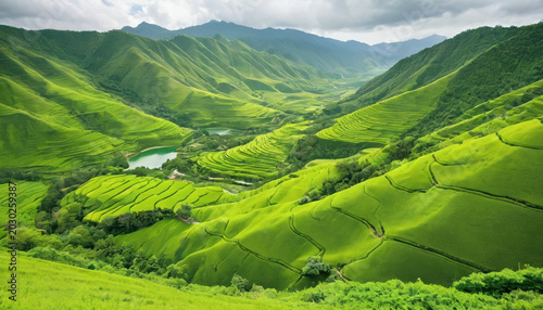 Vibrant green terraced rice fields stretch across the dramatic rolling mountains in this stunning wide angle landscape nature photograph shot