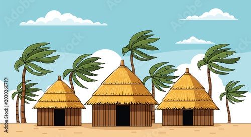 Konstfotografi Tropical Coastal Village with Thatched Huts and Swaying Palm Trees in Sunny Beac