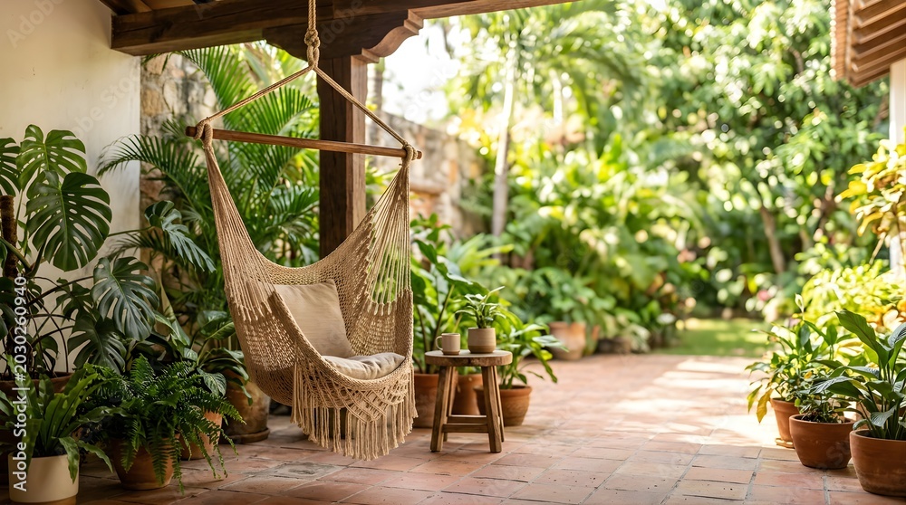 Fototapeta premium Macrame hanging chair on a tropical terrace with lush plants and morning sun