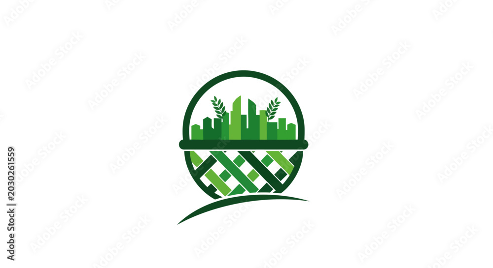 Obraz premium Green cityscape logo with eco friendly recycling symbol.