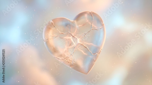 Heart shape made of shattered glass glows with soft light in the atmosphere.