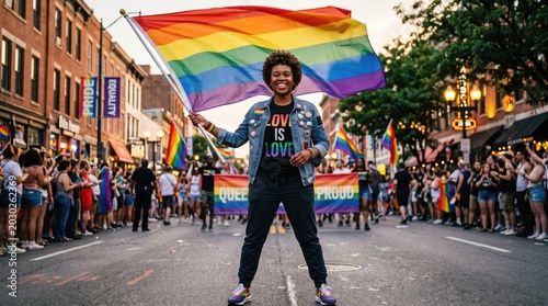 Young black man waving large rainbow LGBTQ pride flag in street parade