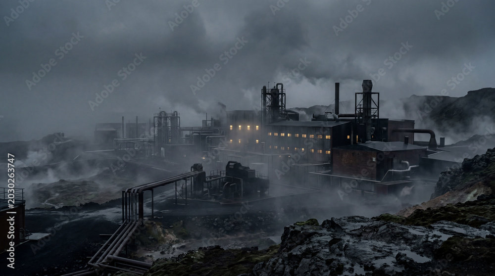 Fototapeta premium Moody Desaturated Cinematic Shot Of Industrial Geothermal Facility Cloaked In Heavy Dense Fog Environment Landscape