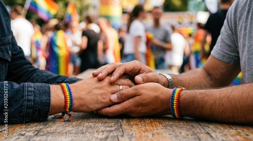 LGBTQ pride rainbow bracelets on couple's hands holding together