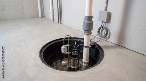 Sump Pump Pit Installation Inside Pristine Concrete Basement Showing Modern Drainage Home Waterproofing System Equipment