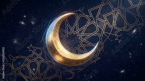 Crescent moon glows brightly against a dark sky with intricate gold geometry.