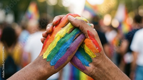Diverse hands with rainbow colors painted for LGBTQ pride event