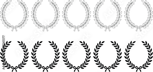 Tableau sur toile Laurel wreath clip art and laurel wreath vector graphics,Set black silhouette circular laurel foliate, wheat and oak wreaths depicting an award, achievement, heraldry, nobility on white background
