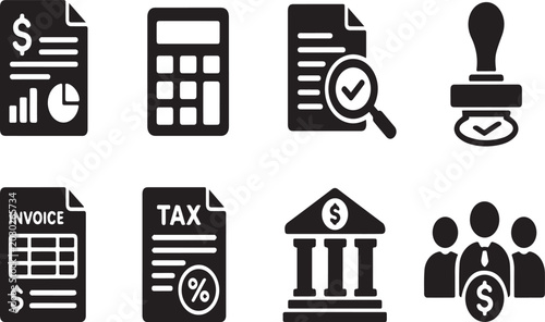 Comprehensive Set of Business and Finance Vector Icons Featuring Tax Documents, Invoices, Calculators, Bank Buildings, and Financial Audit Symbols for Professional Accounting Management.