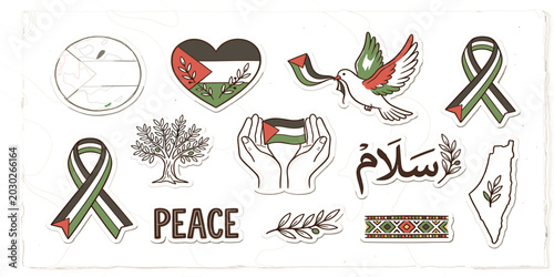 Quadro su tela Palestine Peace Symbol Collection Featuring Flag Inspired Hearts, Dove Illustrat
