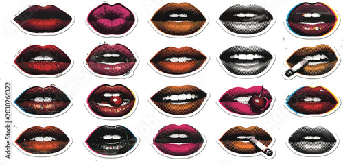 Pop Art Lips Sticker Collection Featuring Glossy Mouth Expressions, Retro Comic Style Makeup Designs, and Fashion Beauty Illustrations for Trendy Creative Projects