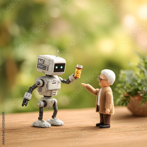 Robot Delivering Medication to Senior Citizen Outdoors, Healthcare Assistance Concept